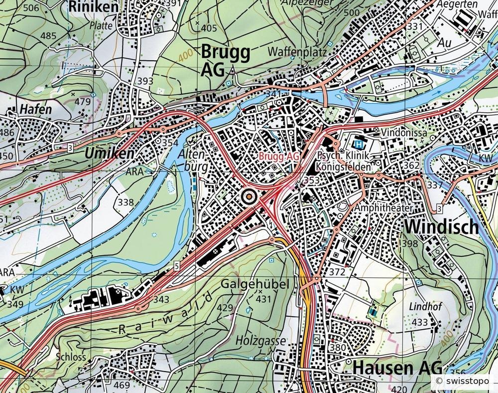 Landeskarte swisstopo mit Brugg, Windisch und der markierten Liegenschaft